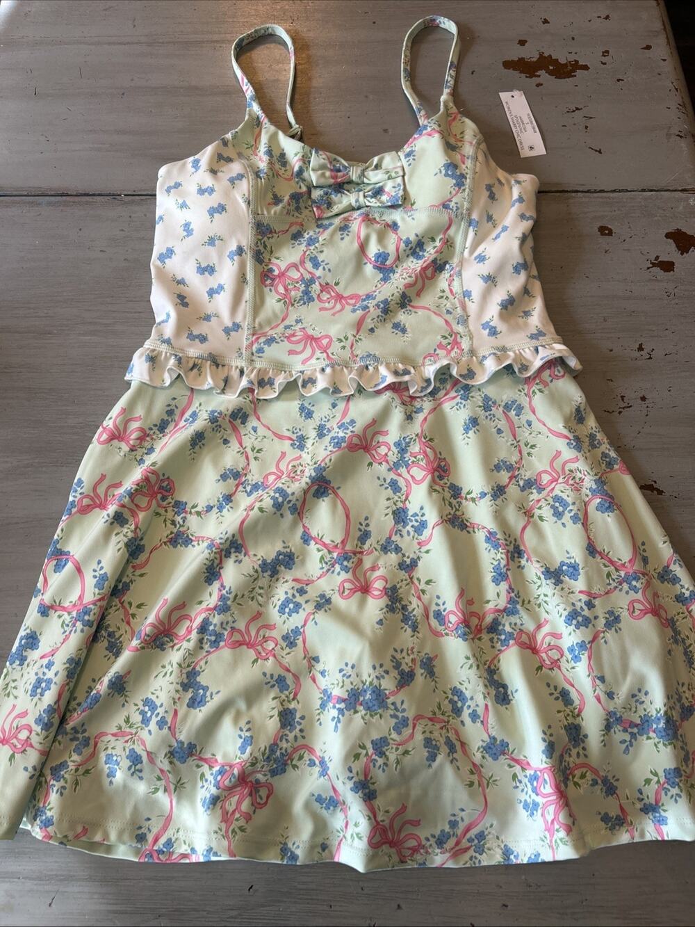 Treasures Shabby Chic Athletic Dress Green Floral Pink Bows Coquette Babydoll S
